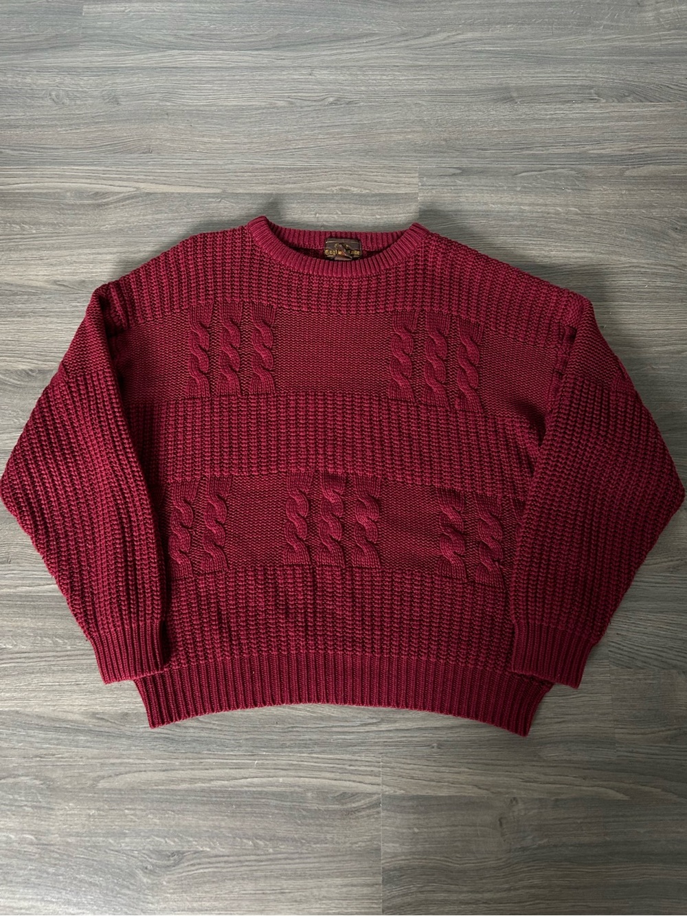 Classic Red Burgundy Chunky Cable-Knit Crewneck Sweater Pattern Knit 3D